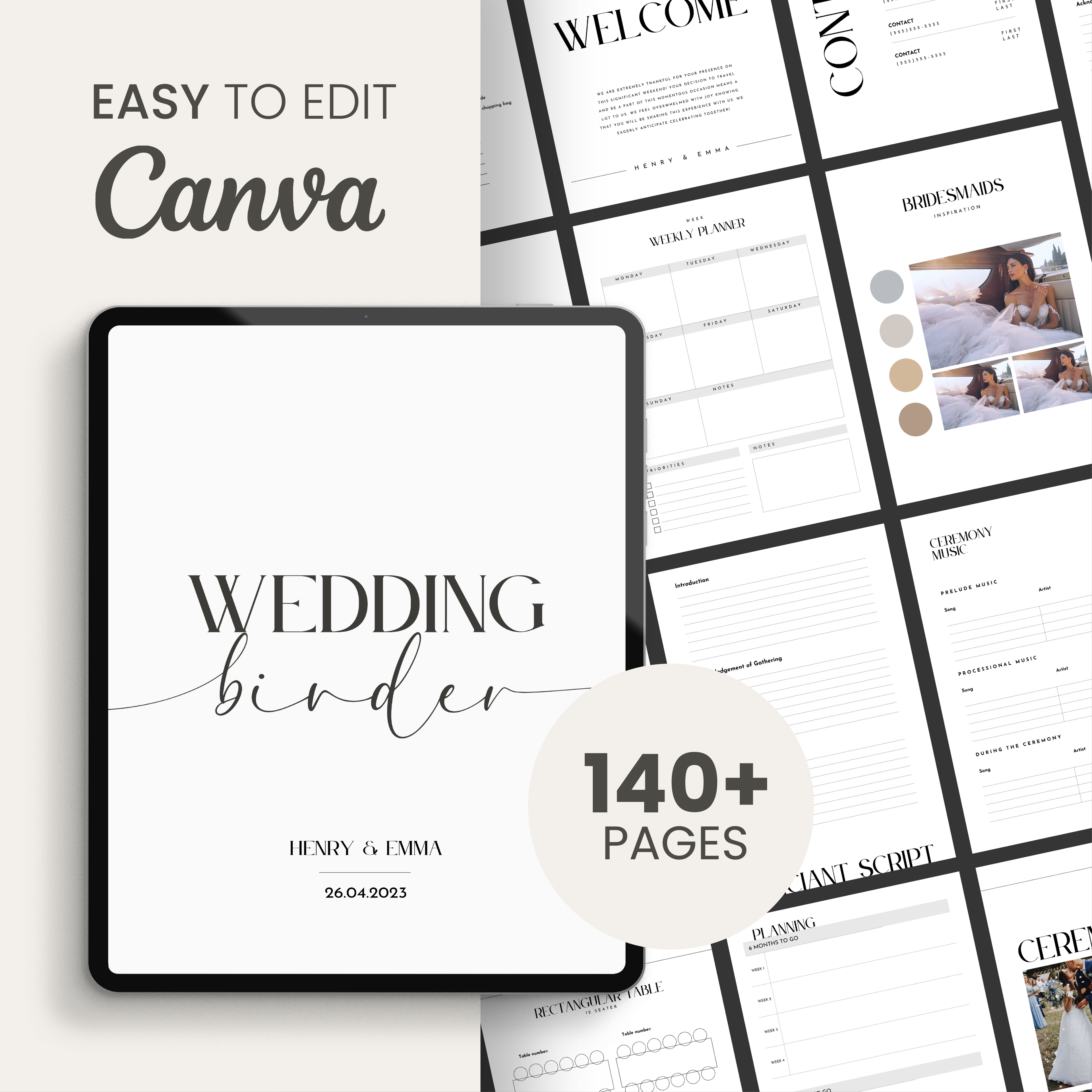 Printable wedding binder template for Canva