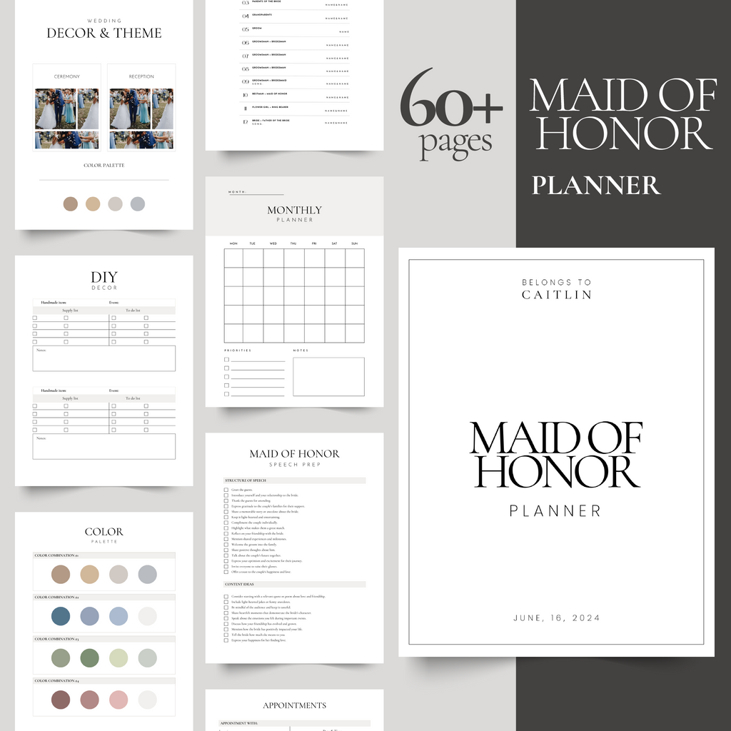 Printable maid of honor planner for Canva