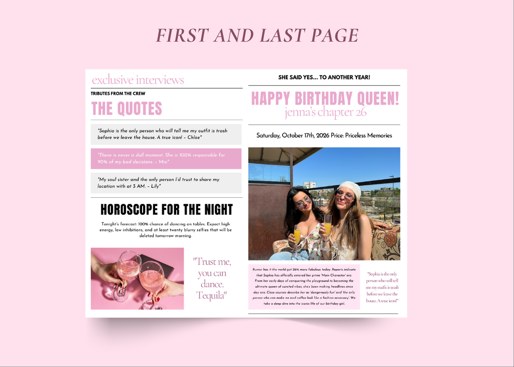 Printable bestie newspaper gift template for Canva