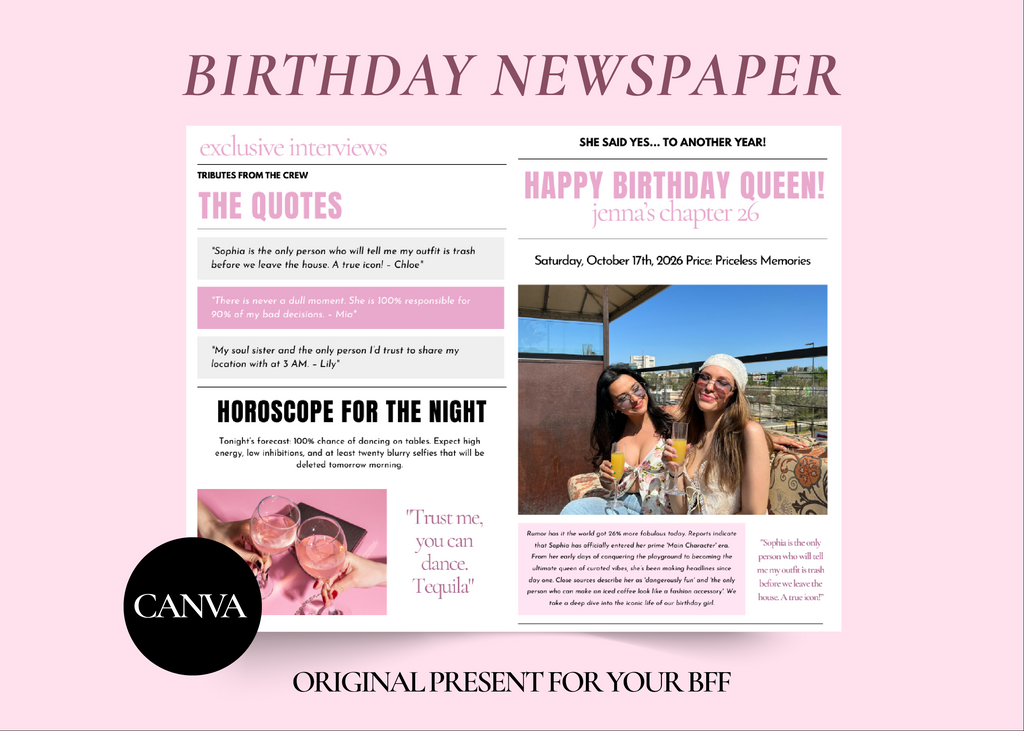 Printable bestie newspaper gift template for Canva