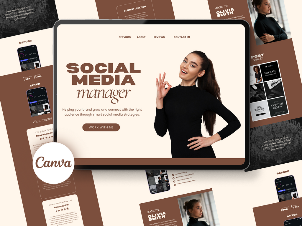 Brown Social Media Manager Website Template for Canva