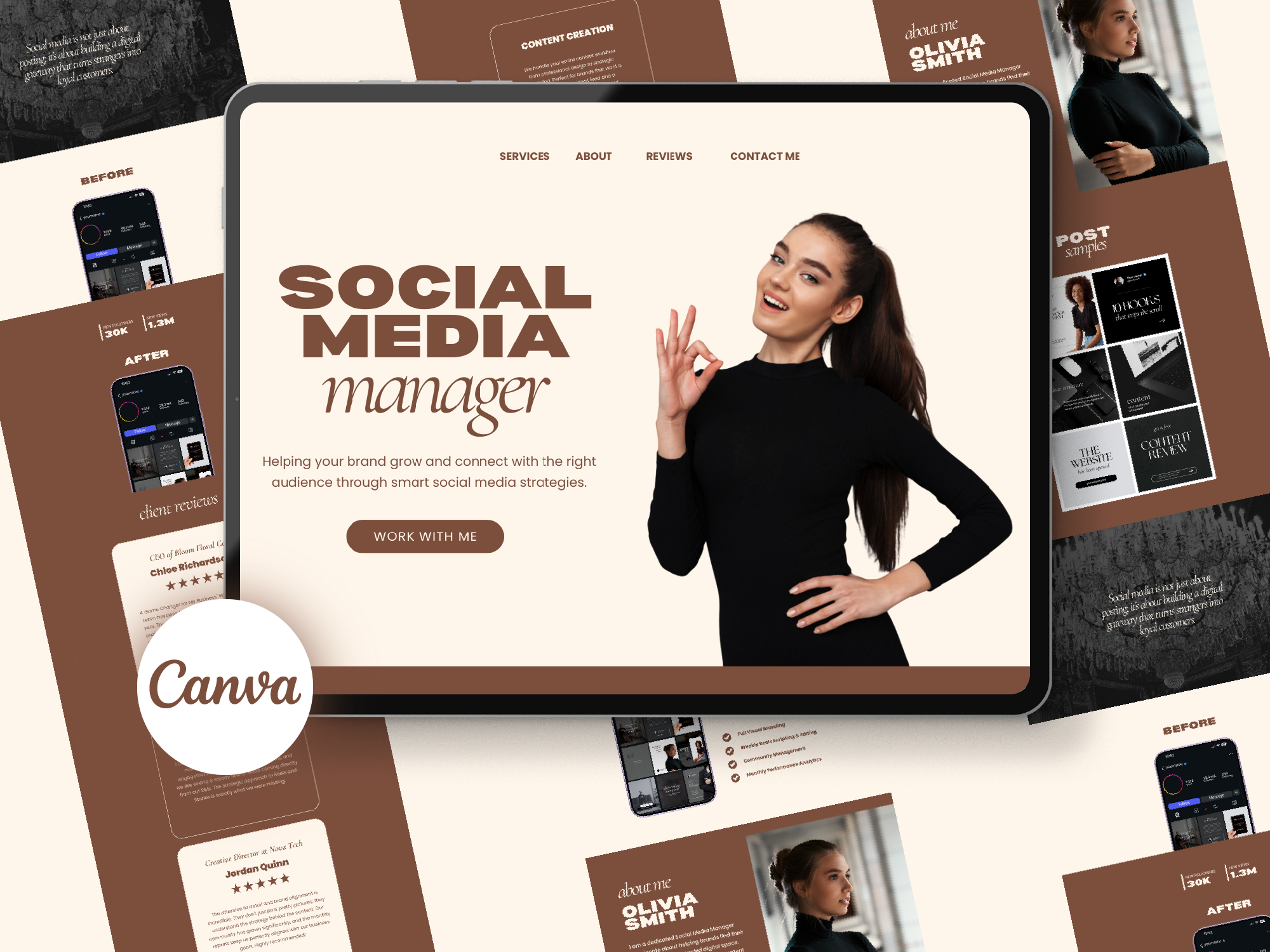 Brown Social Media Manager Website Template for Canva
